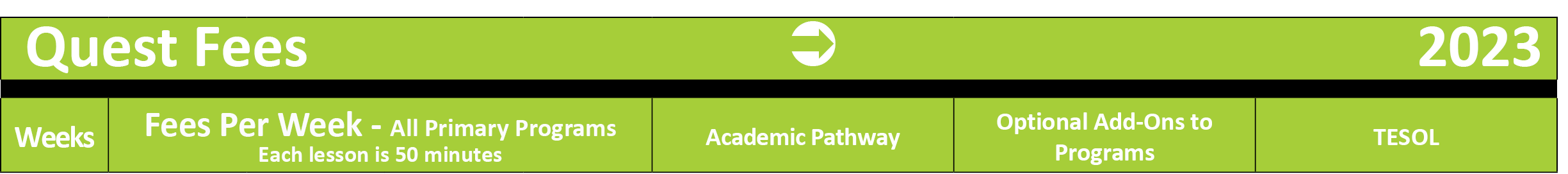  Quest Fees                                     2023,,Weeks,Fees Per Week - All Primary Programs Each lesson is 50 ...